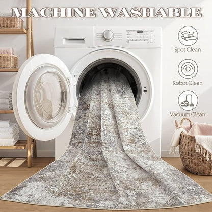 Area Rug Living Room Rugs - 6x9 Washable Large Soft Indoor Neutral Modern Abstract Low Pile Rug Carpet for Bedroom Dining Room Farmhouse Home Office - Brown/Grey/Black