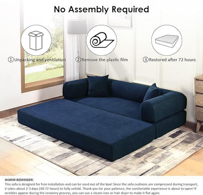 80" Convertible Sofa Bed, Corduroy Deep Seat Folding Pull Out Couch with Pillows, No Assembly Modern Boneless Couch Compression Sofa in Box, Floor Sofa with Storage Pocket for Living Room,Navy Blue
