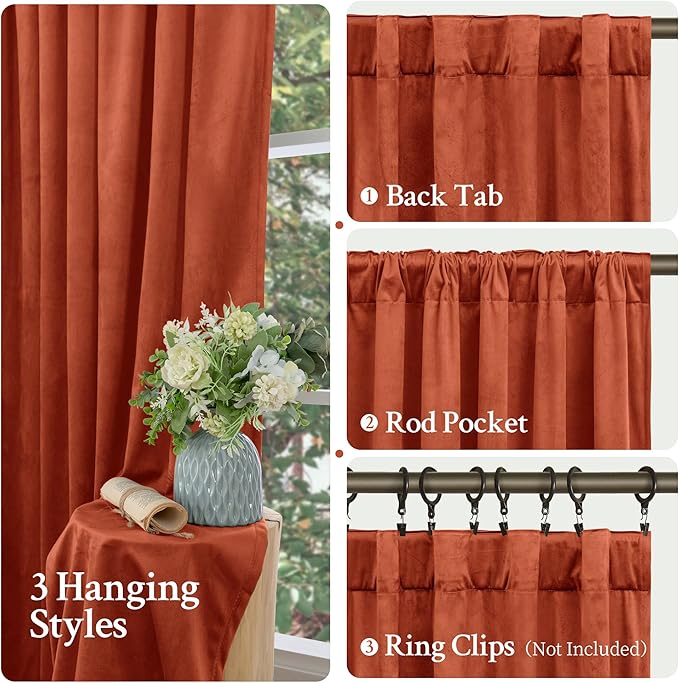 LAMIT Velvet Curtains 120 Inch for Living Room, Terracotta Thermal Insulated Room Darkening Drapes Rustic Vintage Noise Reducing Panels with Back Tab and Rod Pocket, 2 Panels, 52 x 120 Inch