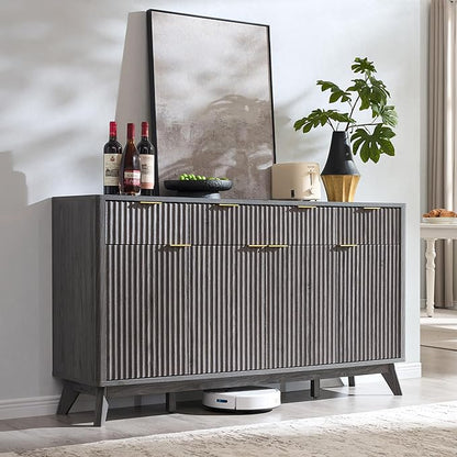 OKD Fluted Storage Cabinet with Drawers, 60" Morden Buffet Sideboard Coffee Bar Cabinet with 4 Doors and 3 Drawers for Dining Room, Living Room,Hallway (Dark Alder)