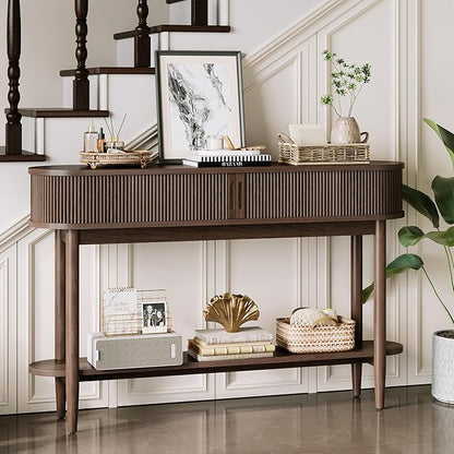 LINSY HOME Fluted Console Table, Mid-Century Modern Entryway Cabinet with Sliding Tambour Doors, Narrow Long Sofa Table, Behind-The-Couch Table for Living Room, Hallway (Brown Oak)