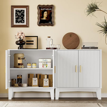 Storage Cabinet with Doors and Adjustable Shelf, Modern Fluted Sideboard Buffet Cabinet, Freestanding Coffee Bar for Kitchen, Pantry, Entryway, Living Room (White)