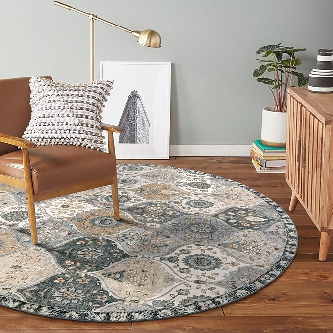 Lahome Moroccan Trellis Washable Circle Rug, Round Rug 5ft Soft Non-Slip, Non-Shedding Distressed Round Carpet for Bedroom Living Room Bathroom Nursery Kitchen, Grey