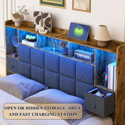 LED Bed Frame Queen Size with 2 Hidden Storage Drawers, Bookshelf Headboard, Upholstered Platform Metal Bed Frame with Charging Station, Metal Slats Support, Noise Free, No Box Spring Needed