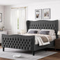 Full Bed Frame with Tall Headboard & Footboard, Velvet Upholstered Platform Bed Frame with Deep Button Tufted Wingback, No Box Spring Needed, Noise Free, Grey