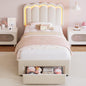 Velvet Upholstered Twin LED Bed Frame with Storage Drawer and Adjustable Chic Double Wavy Headboard, Princess Platform Bed for Kids/Girls, Solid Wood Slats Support, No Box Spring Needed, Beige
