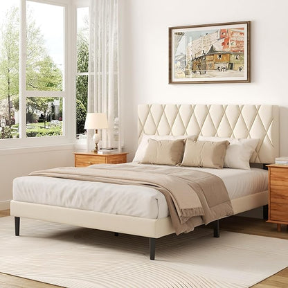 Queen Size Bed Frame with Diamond Tufted Headboard, Velvet Upholstered Platform Bed and Wooden Slat Support, Noise-Free, No Box Spring Needed, Easy Assembly, Beige