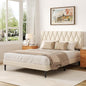 Queen Size Bed Frame with Diamond Tufted Headboard, Velvet Upholstered Platform Bed and Wooden Slat Support, Noise-Free, No Box Spring Needed, Easy Assembly, Beige