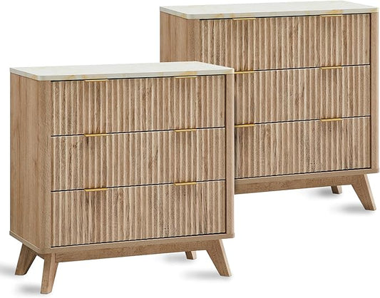T4TREAM Fluted 3 Drawers Nightstand Set of 2, Oversized Extra Large Modern Side Table with Faux Marble Top, End Table Bedside for Bedroom, Living Room, Curved Profile Design, Natural Oak