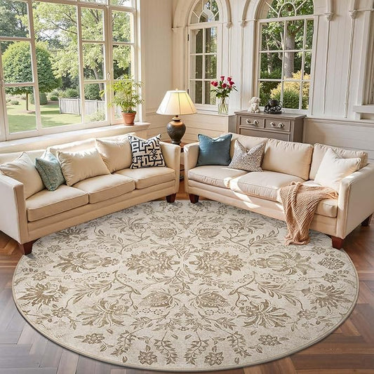 jinchan Torino Classic Floral Round Rug 8ft, Vintage-Inspired Neutral Design 8’Circle Rug, Machine Washable Ultra-Thin Low-Pile Non-Slip Indoor Carpet for Bedroom Dining Room Living Room, Taupe
