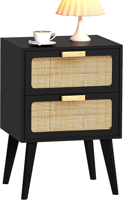 YAUKOMEL Rattan Nightstand, Wood End Table, Side Table with 2 Hand Made Rattan Decorated Drawers,Boho Bedside Table,Wood Accent Table with Storage for Livingroom, Bedroom, Black CTG59B