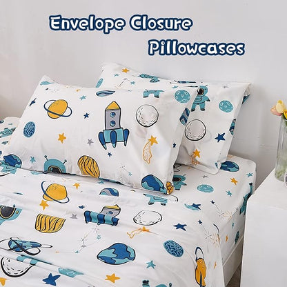 JSD Blue Astronaut Kids Sheet Set Full Size, 4 Piece Space Rocket Printed Microfiber Bed Sheets Deep Pocket