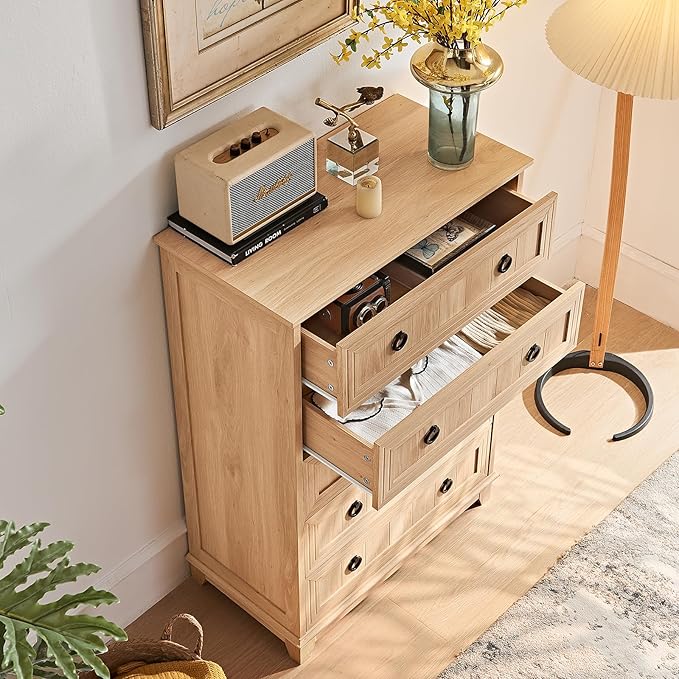 Farmhouse 5 Drawer Dresser for Bedroom Set of 2, 42" Tall Small Dressers & Chest of Drawers, Rustic Wood Dresser with Metal Handle, Storage Organizer Closet for Living Room, Hallway,Entryway