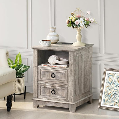 18" Farmhouse Night Stands Set of 2 with Charging Station, 2 Drawers End Table Dresser for Bedroom, Oak Wooden Nightstand, Bed Side Table with Open Shelf, Bedside Cabinet for Living Room