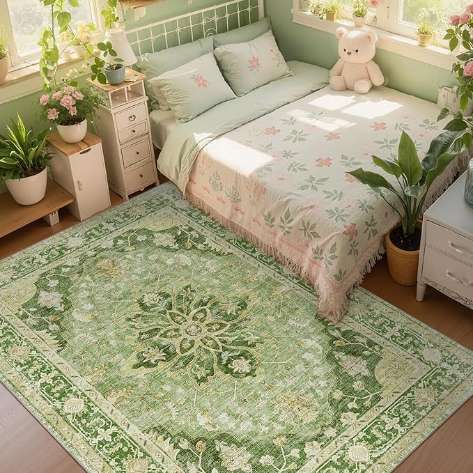 Area Rugs 6'x9' Washable Non-Slip, Floral Vintage Distress Print Pattern Medallion Carpet for Living Room Bedroom Dining Room, Sage Green Yellow