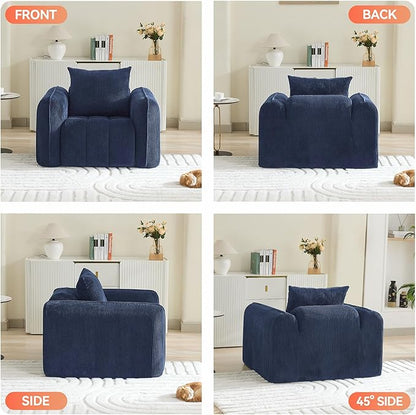 Oversized Boneless Corduroy Accent Chair, Comfy Deep Seat Armchair for Bedroom, Modern Upholstered Living Room Sofa Chair with Pillow, No Assembly, Navy