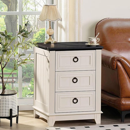 Farmhouse Night Stand Set of 2, 18" End Table with 3 Drawer Metal Handle, Dresser for Bedroom, Sofa Bed Side Table Chest of Drawers,Wood Nightstand Cabinet for Organizer, Living Room-White