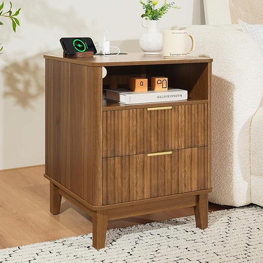 Night Stand with Charger Station, Fluted Nightstand with Drawers and Storage Shelf, Mid Century Modern Bedside Table Nightstands, Large Bed Side Table Wood Night Stands for Bedroom Living room