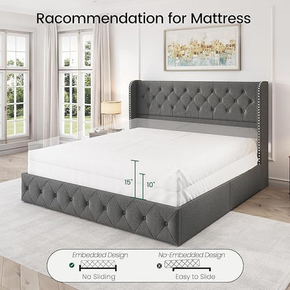 LARMACE Upholstered King Size Bed Frame with 4 Storage Drawers and Wingback Headboard Tufted Platform Bed Frame Linen Beds with Wooden Slats Support, Easy Assembly, Light Grey