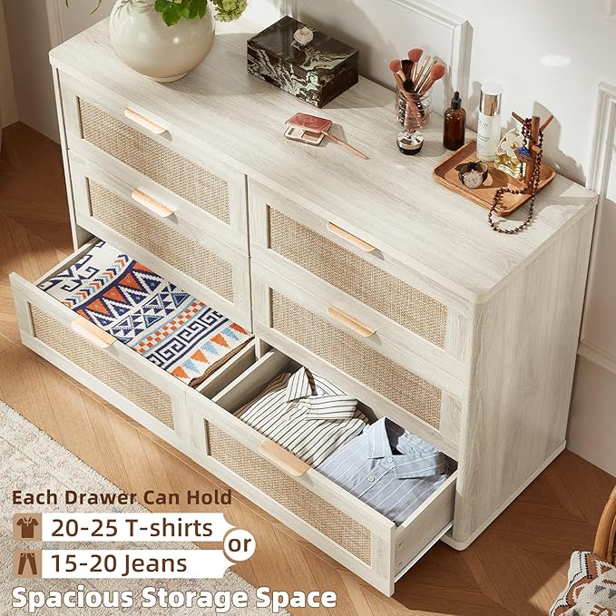 LEYAOYAO Rattan Dresser and Nightstand Sets 3 Piece, Boho Wood Dresser for Bedroom with 6 Drawers and Night Stand with Charging Station, Bedroom Furniture, Dressers & Chests of Drawers, Living Room