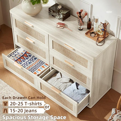 LEYAOYAO Rattan Dresser and Nightstand Set of 3, Boho Wood Dresser for Bedroom with 6 Drawers and Night Stand with Charging Station, Bedroom Furniture, Dressers & Chests of Drawers,Hallway,Living Room
