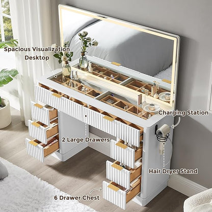 T4TREAM 48" Fluted Makeup Vanity Desk with Large Led Lighted Mirror, Modern Vanity Table with 8 Drawers & Charging Station, Glass Top Dressing Table for Bedroom, White