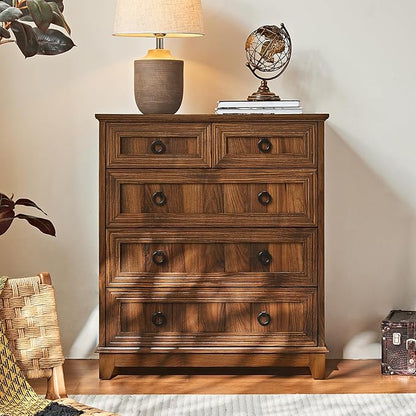 Farmhouse 5 Drawer Dresser for Bedroom, 33.2" Tall Small Dressers & Chest of Drawers, Rustic Wood Dresser with Metal Handle, Storage Organizer Closet for Living Room, Hallway, Entryway