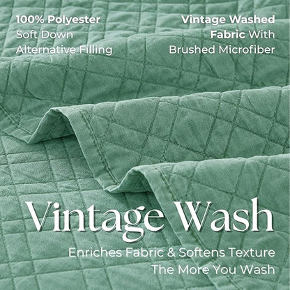 King Quilt Set with Shams Lightweight Quilted Bedspread Coverlet Thin Comforter Bed Cover Vintage Washed Quilted Blanket for All Season, Brushed Microfiber Diamond Stitching, Green, 104"x92"