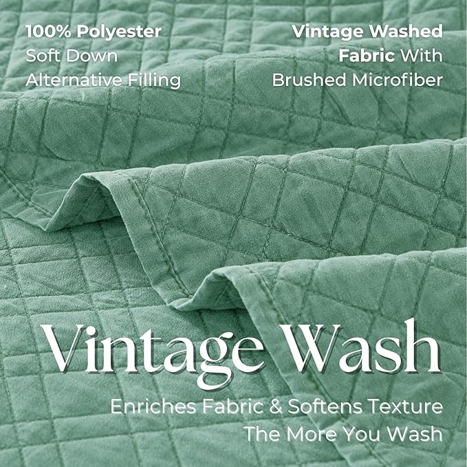 Queen Quilt Set with Shams Lightweight Quilted Bedspread Coverlet Thin Comforter Bed Cover Vintage Washed Quilted Blanket for All Season, Brushed Microfiber Diamond Stitching, Green, 88"x92"