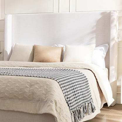 Harper Upholstered Bed with 54" Tall Headboard - Wingback Chenille Platform Bed Frame, Solid Wood Feet, Sturdy Metal Base, Easy Assembly (Textured Ivory, Queen (U.S. Standard))