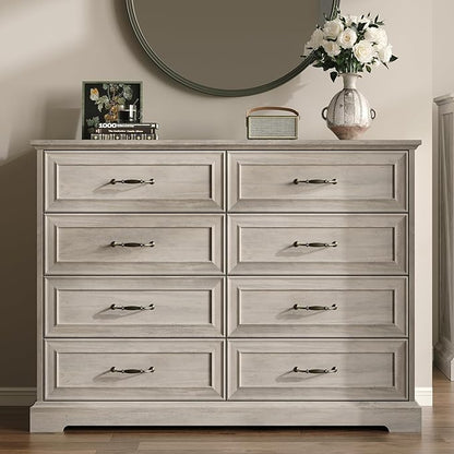Farmhouse 8 Drawers Dresser for Bedroom, 48" Wide Modern Chest of Drawers with Deep Drawers & Bar Handles, Rustic Wood Dresser TV Stand, Wooden Closet Storage Organizer for Living Room, Hallway, Grey