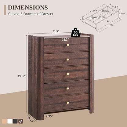 Modern 5 Drawer Dresser for Bedroom, Wooden Chest of Drawers with Curved Profile Design, 39.6" Tall Wood Dresser with Golden Metal Handle for Bedroom, Living Room, Hallway, Brown