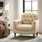 HULALA HOME Mid Century Modern Leather Club Chairs, Top-Grain Genuine Leather Armchairs with Button-Tufted Back & Solid Wood Legs, Accent Chairs for Living Room/Bedroom/Home Office, Beige