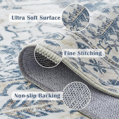 jinchan Lima Runner Rug 2x6 Washable Hallway Runner - Vintage Floral Non Slip Low-Pile Soft Ultra-Thin Kitchen Rug Distressed Carpet for Farmhouse Bedroom Entryway Laundry Room (2x6ft, Blue)