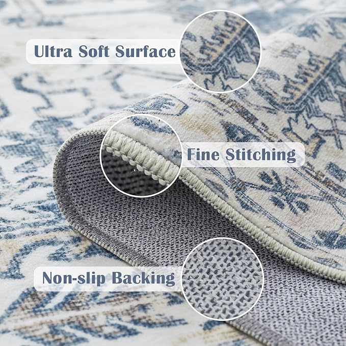 jinchan Lima Runner Rug 2x5 Washable Hallway Runner - Vintage Floral Non Slip Low-Pile Soft Ultra-Thin Kitchen Rug Distressed Carpet for Farmhouse Bedroom Entryway Laundry Room (2x5ft, Blue)