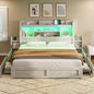 AMERLIFE King Bed Frame with 4 Storage Drawers, LED Bed Frame with 49.6" Tall Bookcase Headboard, Wood Platform Bed with 2 Slide Bedside Shelf & Charging Station, No Box Spring Needed/Distressed White