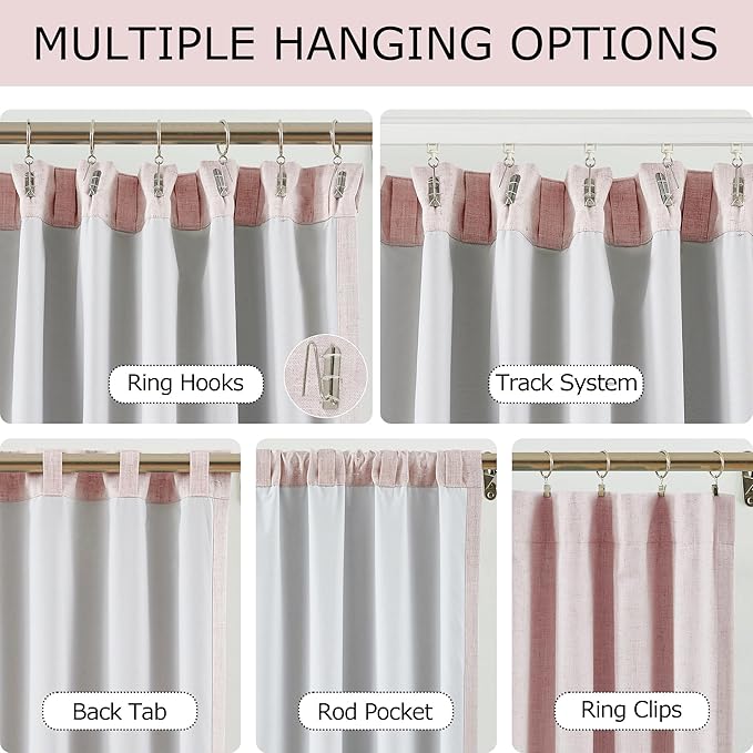 Vision Home Pink Linen Full Blackout Curtains for Bedroom Living Room Darkening Soundproof Window Curtains 102 inch Thermal Insulated Rod Pocket Back Tab Linen Drapes 2 Panels 56" Wx102 L