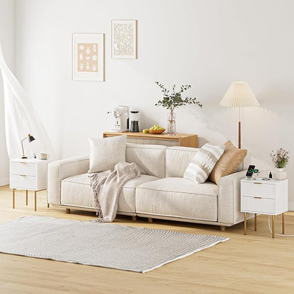 Masupu Nightstand with Charging Station,Mid-Century Modern Bedside Table with 2 Storage Drawer,Small Gold Frame Side End Table for Bedroom,Living Room (White)