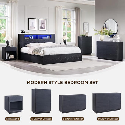 ACCOHOHO Modern 6 Drawer Dresser for Bedroom, 52" Wide Wooden Dressers with Large Storage,Handleless Chest of Drawers TV Stand for Living Room & Hallway, Curved Profile Design, Black
