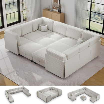 Modular Sectional Sofa with Adjustable Backrest, Large Convertible L/U-Shaped Sleeper Couch for Living Room, Cloud Sofa Bed Modern Reversible Design, White