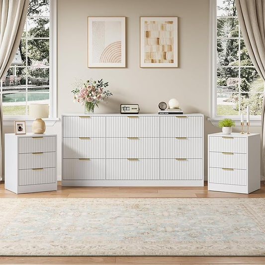 9 Drawer Fluted Dresser & Nightstand Set 3-Piece, 63” Long Dresser and Night Stand Set of 2, Fluted Modern Wood Chest of Drawers Storage Dressers Set for Bedroom, White