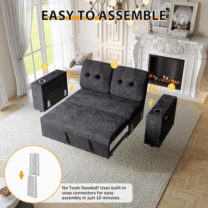 63 Inch Sleeper Sofa Bed, 4 in 1 Pull Out Couch Bed with Adjustable Backrest, Small Loveseat with Wide Armrest | USB Charging | Side Pockets | Cup Holders | Tool Free Assembly, Navy Blue