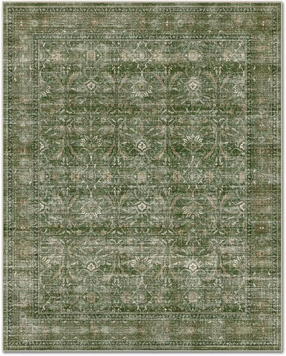 Washable 3x5 Entryway Rug, Boho Non-Slip Vintage Distress Small Rugs for Kitchen Nursery Office Bedroom, 0.3" Neutral Oriental Throw Thin Carpet with Cushioning Pad, Grass Green/Multi