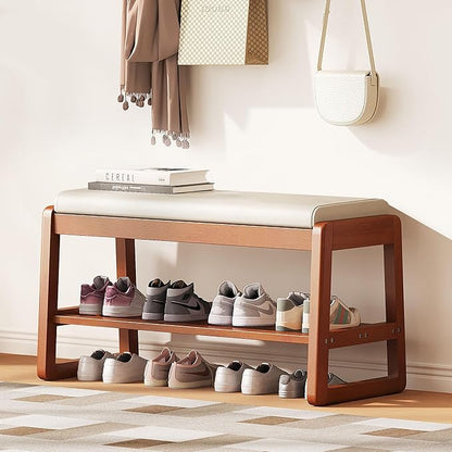 Shoe Bench Storage Rubberwood with Leather Cushion 31.5", Waterproof Easy to Clean 550LBS Organizer Shoe Rack for Entryway, Hallway, Mudroom, Front Door