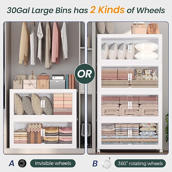 180Gal Stackable Storage Bins with Lid, 720Qt Extra Large Collapsible Storage Box with Doors and Wheels, Plastic Closet Organizer and Storage Cabinet Drawer for Home Kitchen, 6Pack White