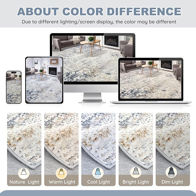 Washable Runner Rug for Hallway: 2.6x8 Neutral Modern Abstract Low Pile Area Rug with Non-Slip Backing - Carpet for Bedroom Kitchen Laundry Entryway Bathroom Indoor - Beige Blue