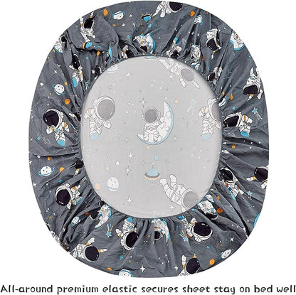 JSD Grey Astronaut Kids Sheet Set Full Size, 4 Piece Boys Space Adventure Printed Microfiber Sheets Deep Pocket