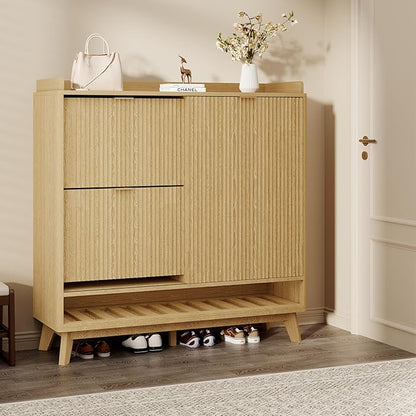 IDEALHOUSE Fluted Shoe Cabinet Storage with 2 Flip Drawers & Sliding Door & Adjustable Shelf Rack，Freestanding Wood Narrow Hidden Shoe Organizer for Entryway, Hallway, Living Room