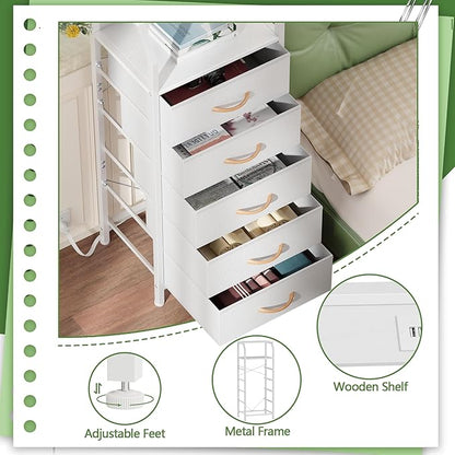 Furnulem 5 Drawers Dresser with Charging Station, Tall Night Stand with Open Shelf, Storage Tower with PVC & Fabric Drawer, Bedside Table for Bedroom, Closet, Entryway, 3 Ways to Use, White