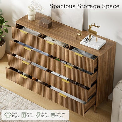 LYNSOM Fluted 9 Drawer Dresser for Bedroom, 55" Wide Modern Chest of Drawers with Curved Profile Design and Metal Handles, Wood Dresser TV Stand & Storage Organizer for Bedroom, Hallway, Walnut